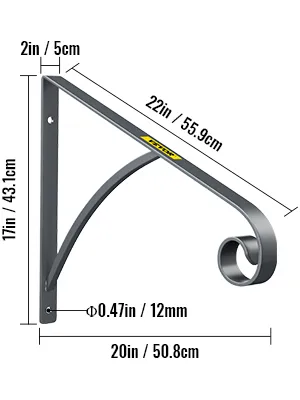 Pasamanos de hierro forjado VEVOR con dimensiones detalladas y elegante diseño curvo.