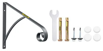 Pasamanos de hierro forjado VEVOR con herrajes de montaje y herramientas de instalación.