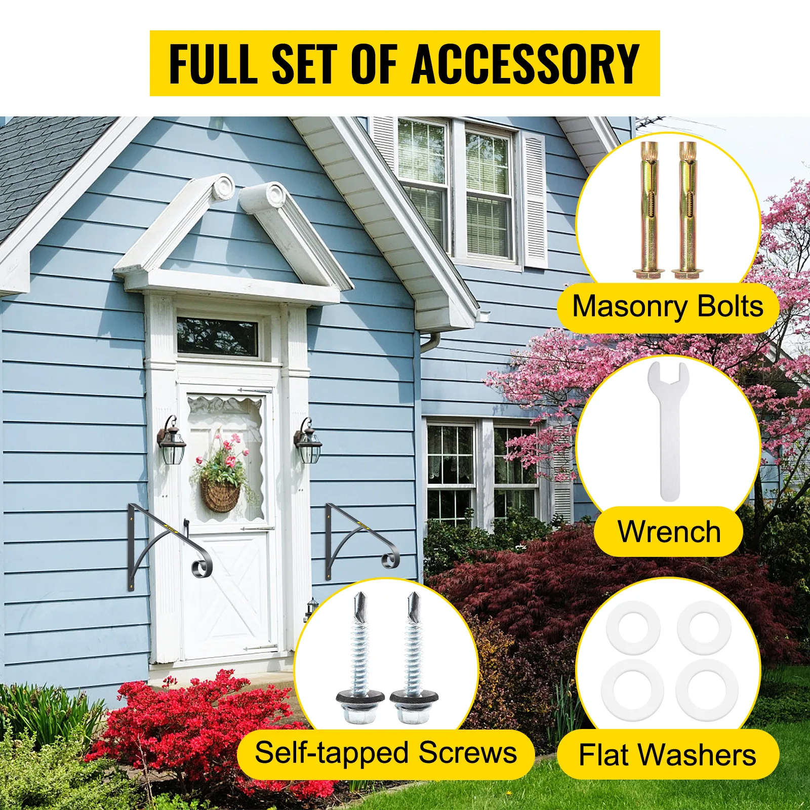 Kit de instalación de pasamanos de hierro forjado VEVOR, que incluye pernos de mampostería, llave, tornillos y arandelas.