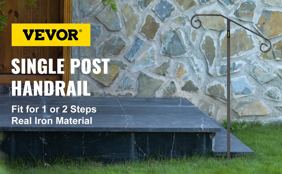 Pasamanos de un solo poste VEVOR sobre escalones de piedra con fondo de pared texturizado.