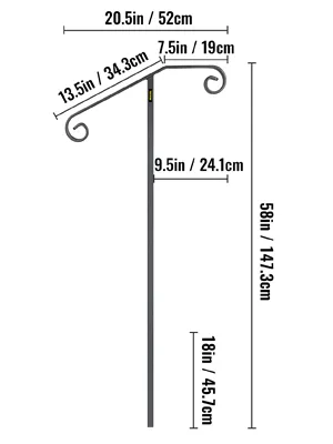 Pasamanos de un solo poste VEVOR con medidas en pulgadas y centímetros.