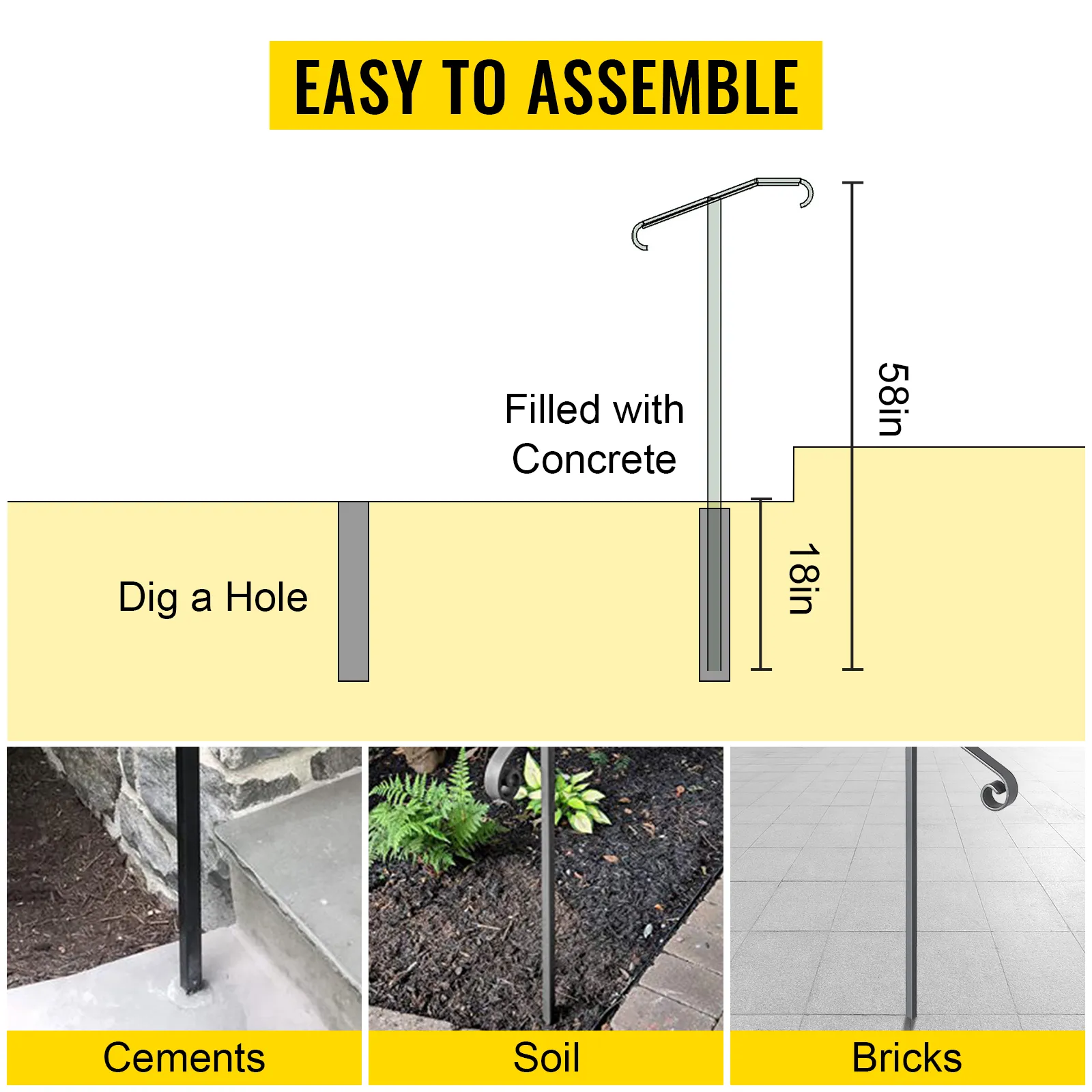 Guía de instalación de pasamanos de un solo poste VEVOR con los materiales necesarios y los pasos de montaje.