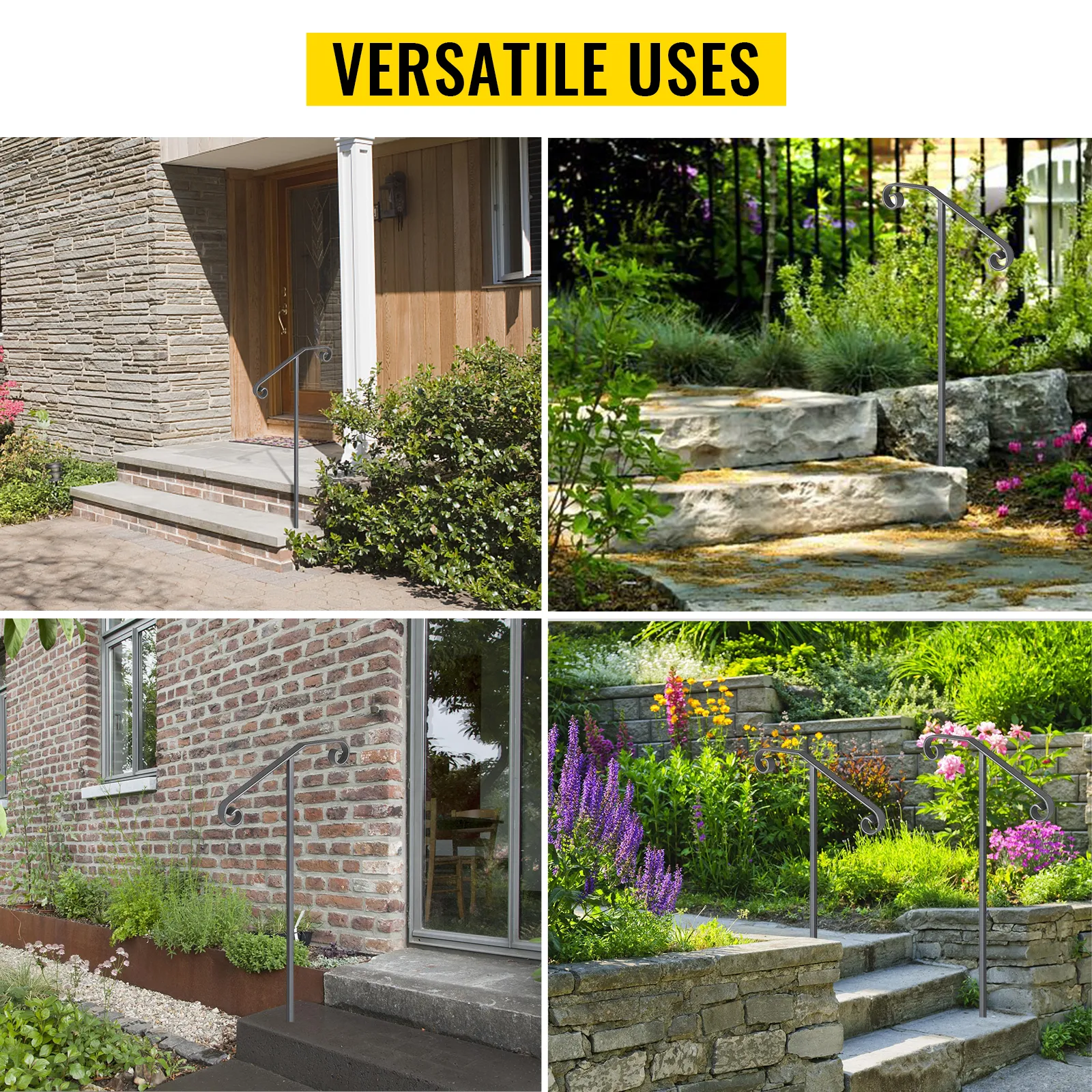 Pasamanos de un solo poste VEVOR en varias escaleras exteriores con usos versátiles.