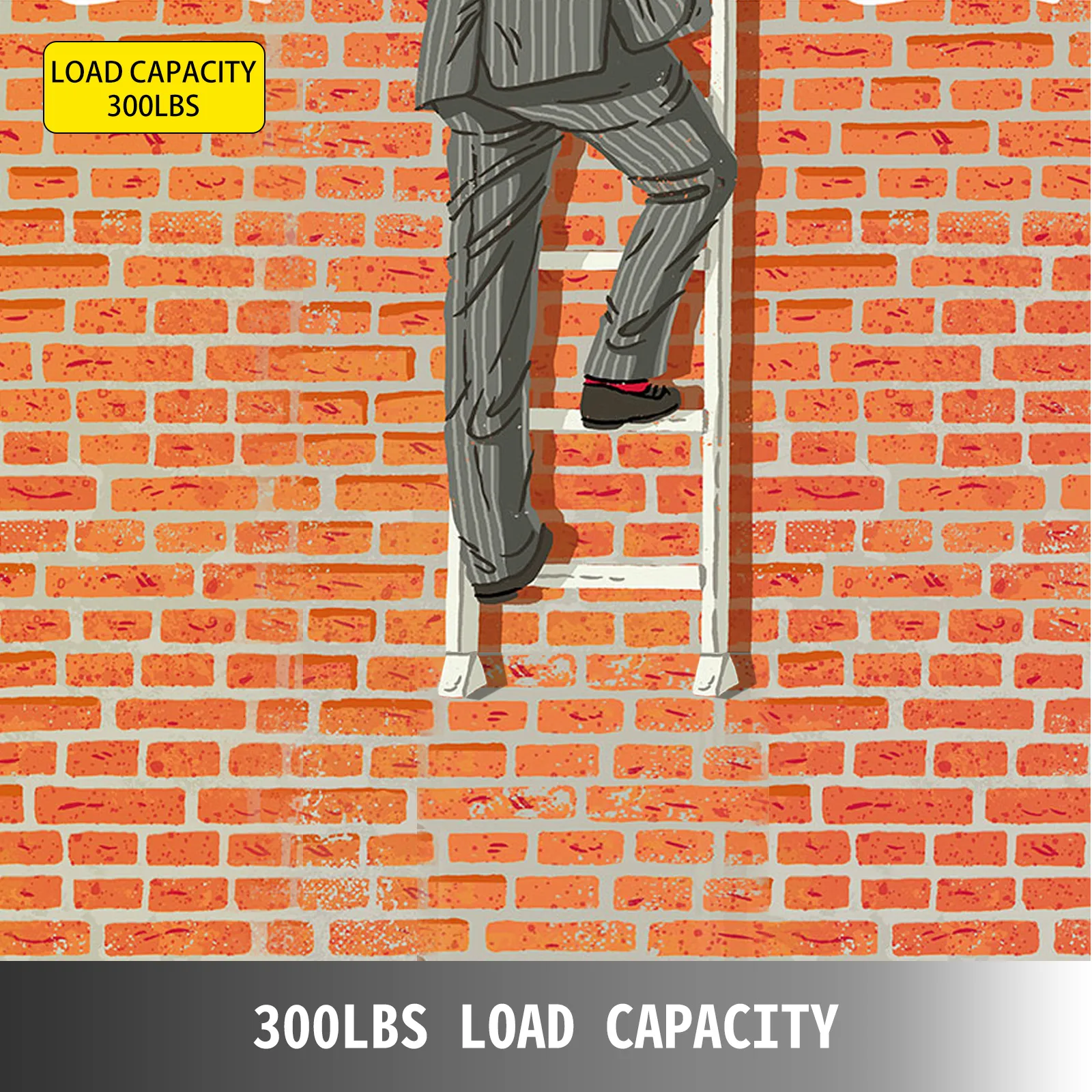 man climbing down VEVOR egress ladder on brick wall, load capacity 300lbs.