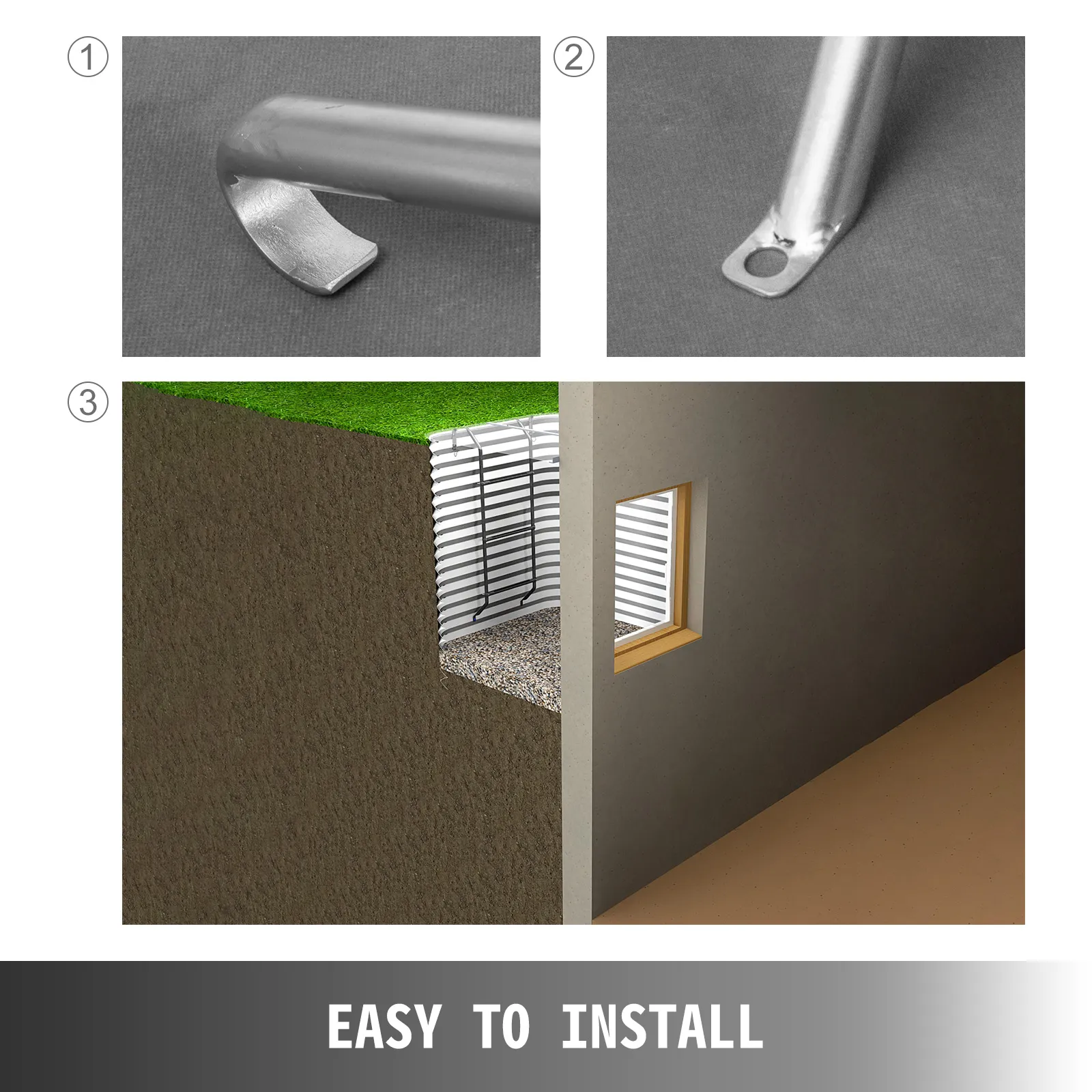 close-up details of VEVOR egress ladder attached to a basement wall. easy to install.