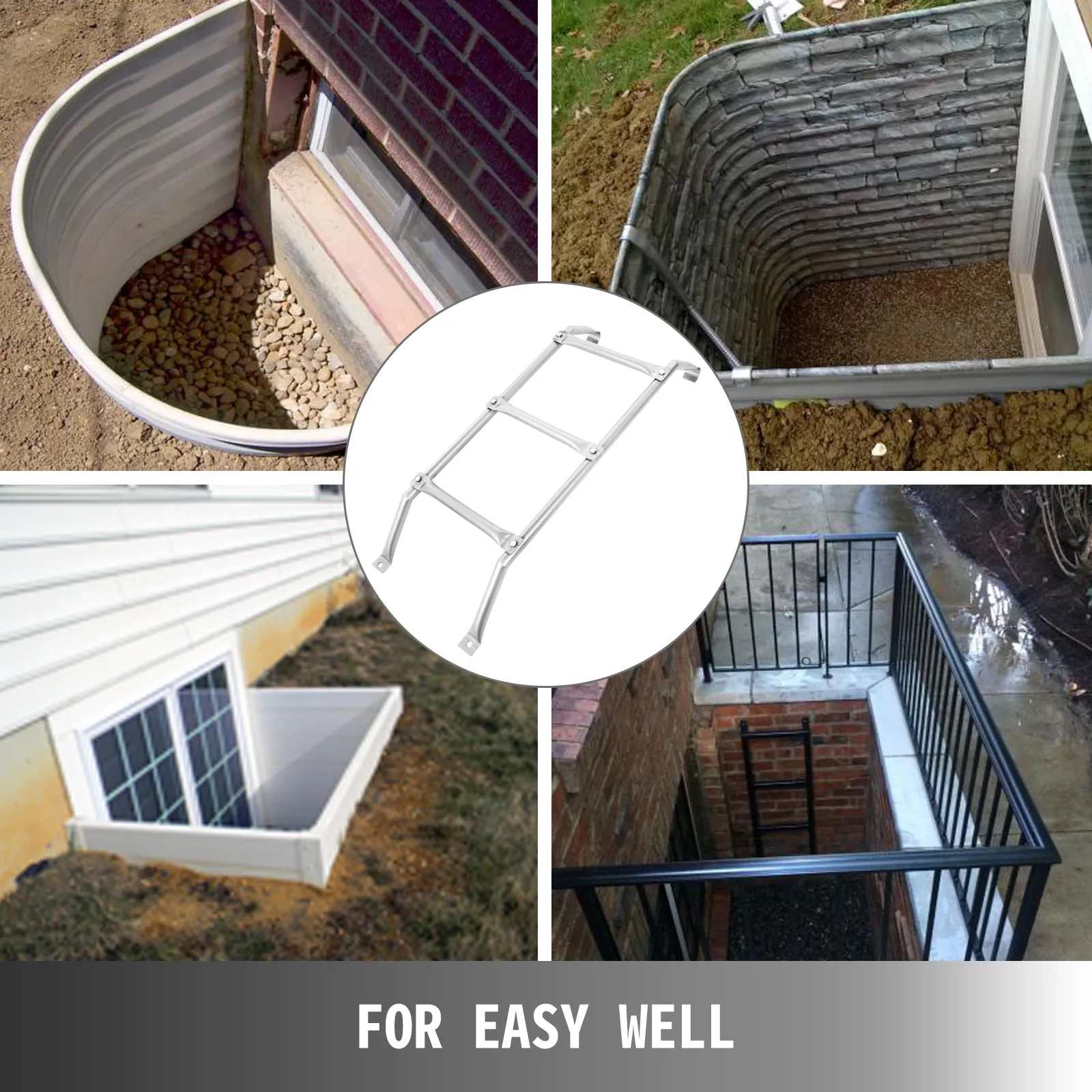 various types of window wells with a VEVOR egress ladder in the center.