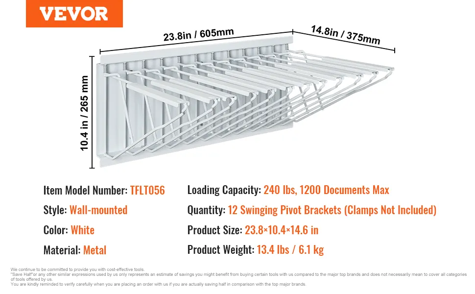 VEVOR blueprint storage rack, white metal, wall-mounted, 12 pivot brackets, model tflt056, 240 lbs capacity.