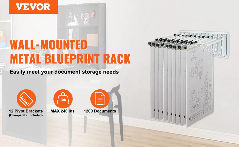 VEVOR wall-mounted metal blueprint rack showcasing 12 pivot brackets and 240 lbs capacity for 1200 documents.