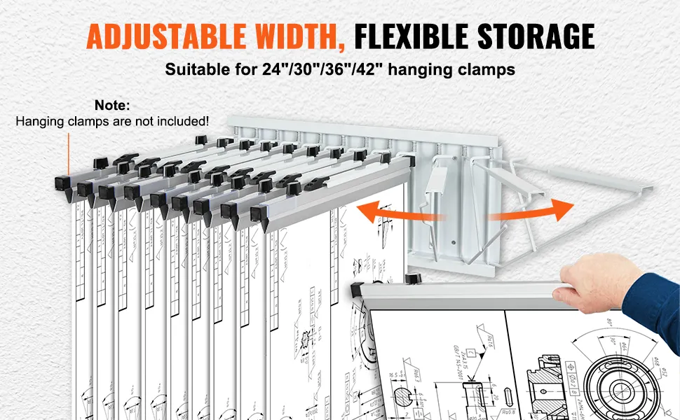VEVOR blueprint storage rack with adjustable width, fits 24", 30", 36", and 42" hanging clamps.