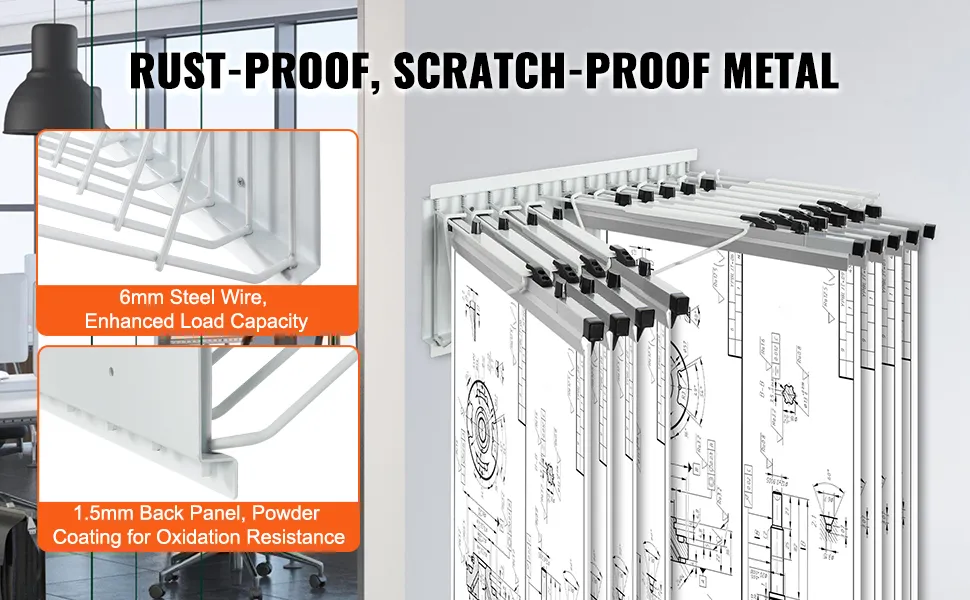 VEVOR blueprint storage rack with rust-proof, scratch-proof metal, enhanced load capacity, and powder coating.