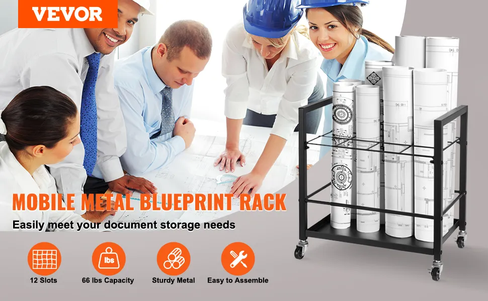 VEVOR blueprint storage rack with 12 slots, 66 lbs capacity, and sturdy metal frame for document storage.