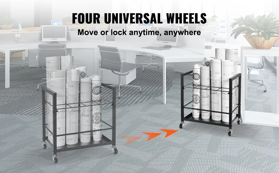 VEVOR blueprint storage rack with four universal wheels in an office, holding rolled blueprints.