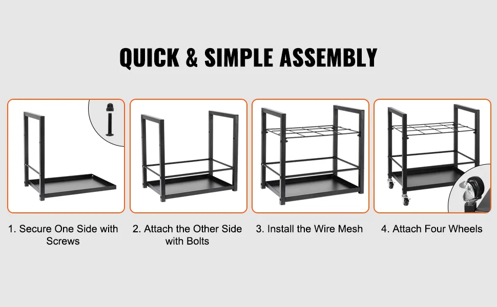 quick and simple assembly steps for VEVOR blueprint storage rack: secure, attach, install mesh, add wheels.