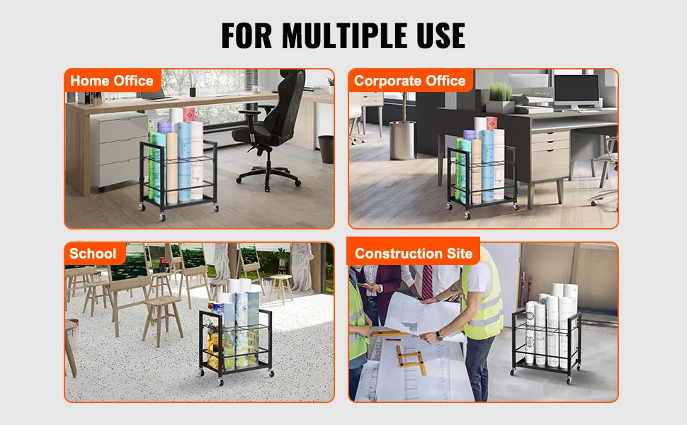 VEVOR blueprint storage rack in use at home office, corporate office, school, and construction site.