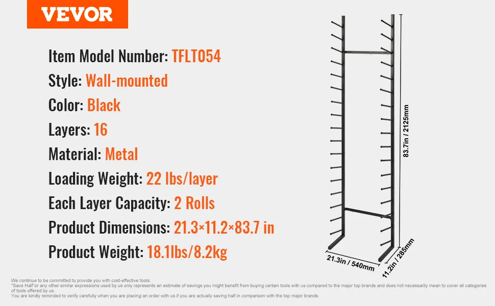 VEVOR blueprint storage rack tflt054, wall-mounted, 16 layers, black metal, 22 lbs/layer, 21.3x11.2x83.7in.