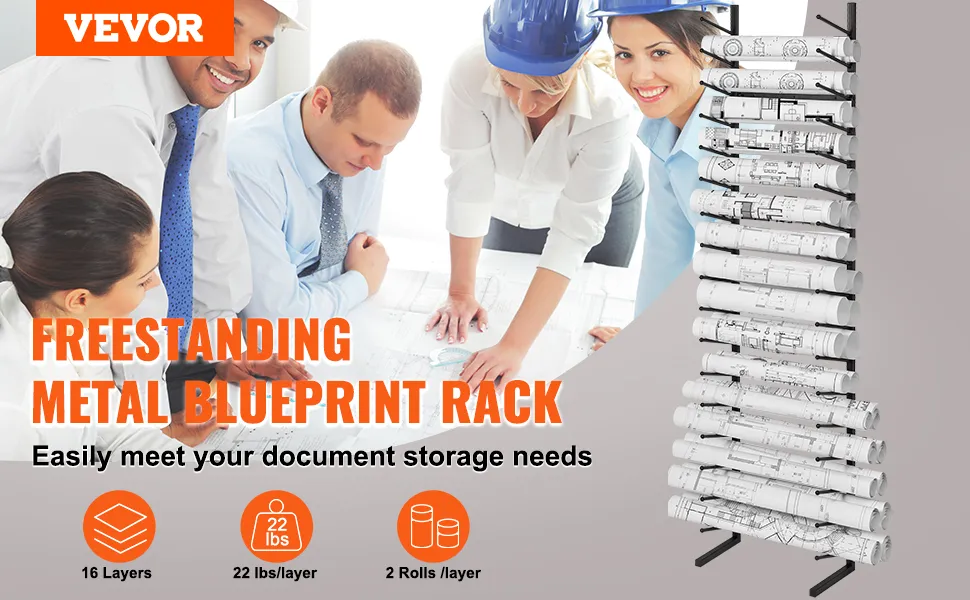 VEVOR blueprint storage rack features freestanding metal design, 16 layers, and 22 lbs capacity per layer.