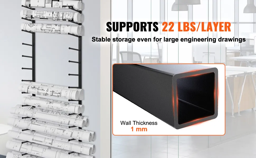 VEVOR blueprint storage rack supporting 22 lbs per layer, showing organized engineering drawings in an office.