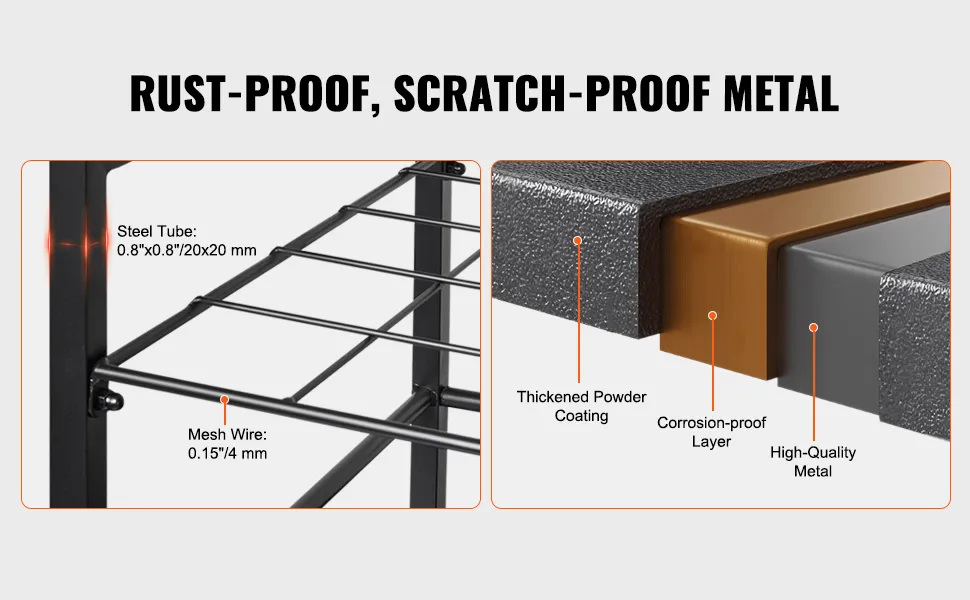 rostfreies, kratzfestes VEVOR-Blaupausen-Aufbewahrungsregal mit Stahlrohr und Maschendrahtdetails.