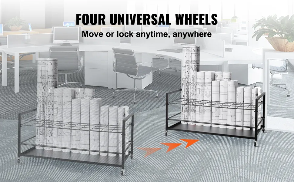 VEVOR-Blaupausen-Aufbewahrungsregal mit Rädern in einem modernen Büro, mit aufgerollten Blaupausen.