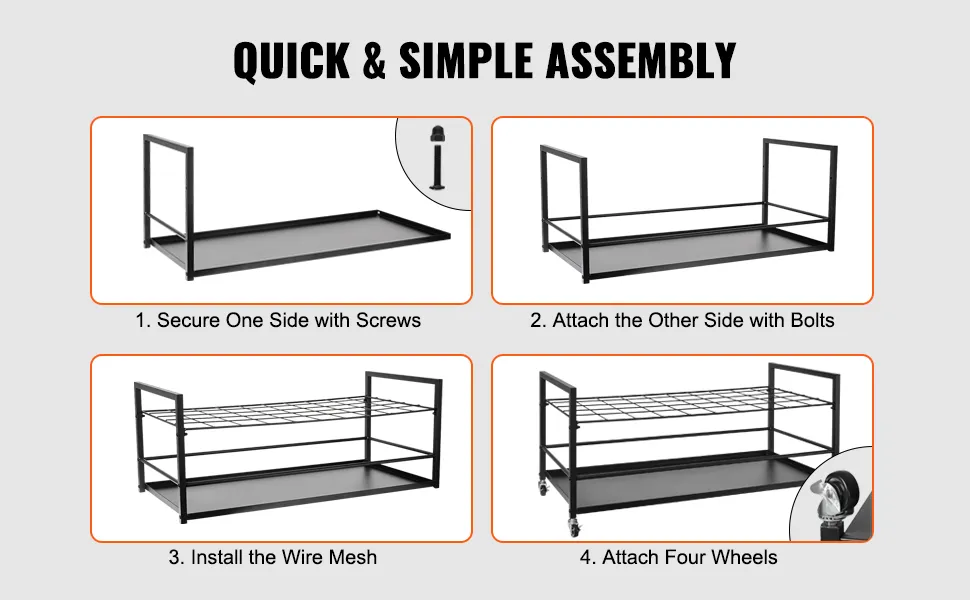 Schnelle und einfache Montageschritte für das VEVOR-Blaupausen-Aufbewahrungsregal: Schrauben, Bolzen, Drahtgeflecht, Räder.