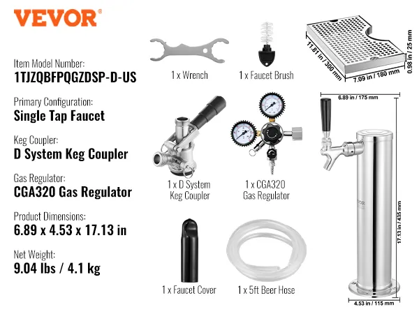 VEVOR kegerator kit with single tap faucet, d system keg coupler, cga320 gas regulator, wrench, brush, and beer hose.