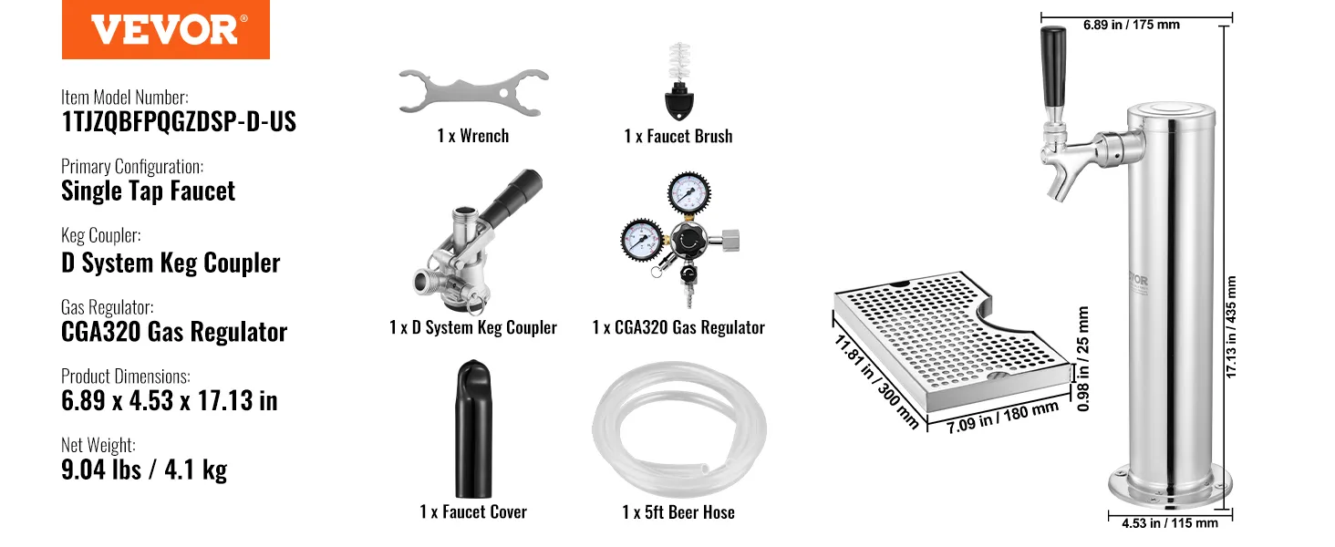 VEVOR kegerator kit with single tap faucet, d system keg coupler, cga320 gas regulator, wrench, brush, and beer hose.