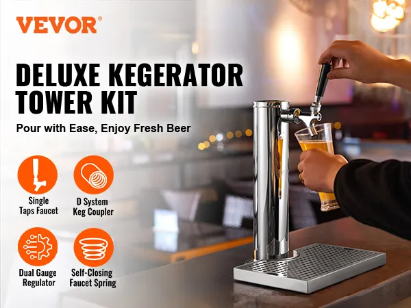 VEVOR kegerator kit: a person pours fresh beer using a single tap faucet from a stainless steel kegerator.