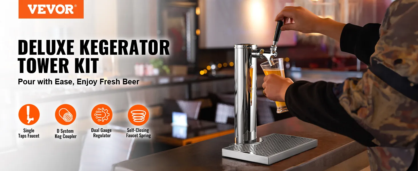 VEVOR kegerator kit: a person pours fresh beer using a single tap faucet from a stainless steel kegerator.