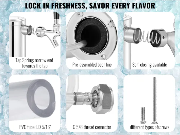 VEVOR kegerator kit components: tap spring, pre-assembled beer line, self-closing tap, pvc tube, connector, screws.
