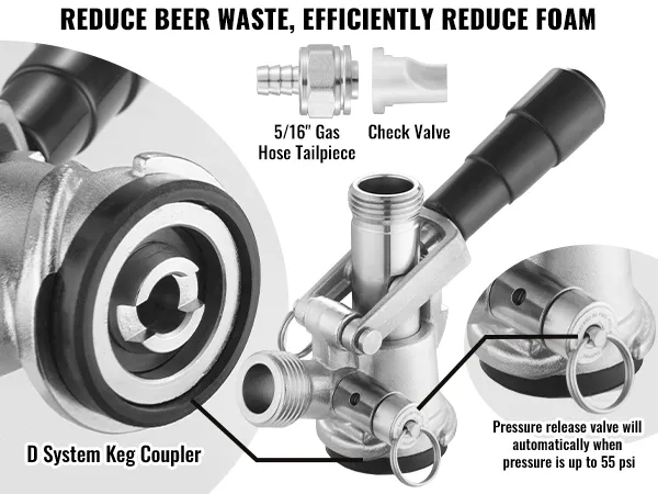 VEVOR kegerator kit with d system keg coupler, 5/16" gas hose tailpiece, and check valve.