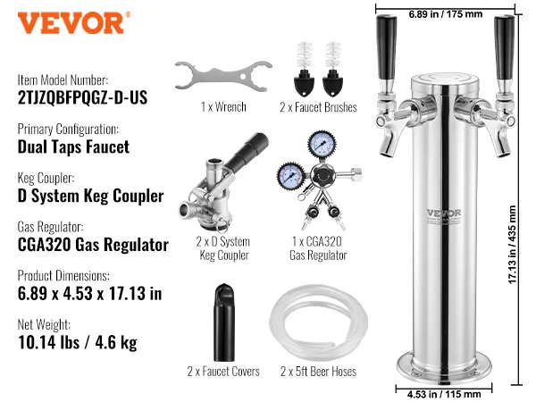 Kit kegerator VEVOR con grifo de doble grifo, acoplador de barril de sistema D, regulador de gas cga320 y accesorios.