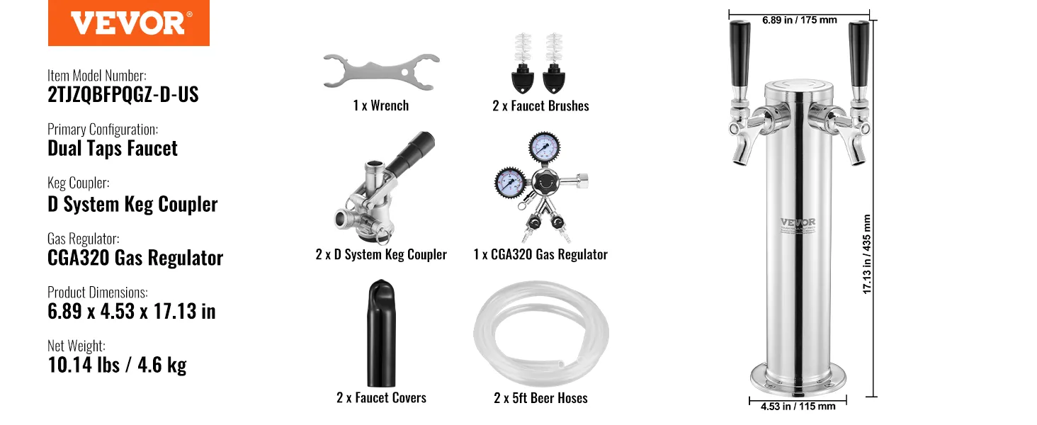 Kit kegerator VEVOR con grifo de doble grifo, acoplador de barril de sistema D, regulador de gas cga320 y accesorios.