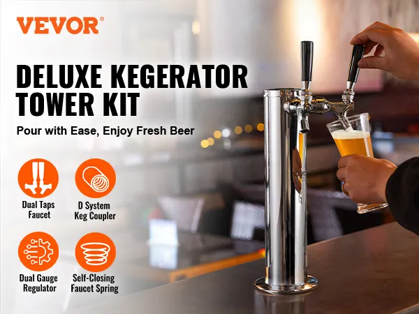 Kit de torre kegerator de lujo VEVOR con grifo de doble grifo, acoplador de barril de sistema D y regulador de doble calibre.
