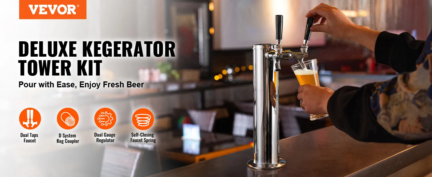 Kit de torre kegerator de lujo VEVOR con grifo de doble grifo, acoplador de barril de sistema D y regulador de doble calibre.