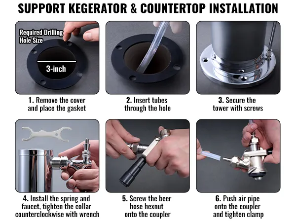 Pasos para instalar el kit kegerator VEVOR: colocar la junta, insertar los tubos, asegurar la torre, conectar el grifo, conectar las mangueras.