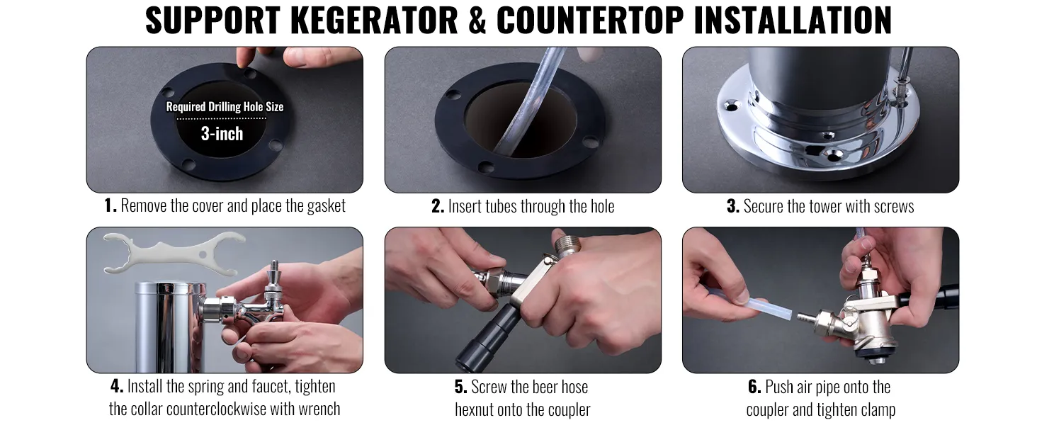 Pasos para instalar el kit kegerator VEVOR: colocar la junta, insertar los tubos, asegurar la torre, conectar el grifo, conectar las mangueras.