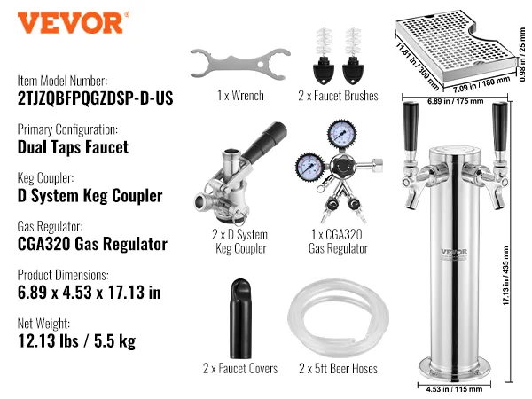 Kit de torre kegerator VEVOR con grifos dobles, acoplador de barril de sistema D, regulador de gas cga320 y accesorios.