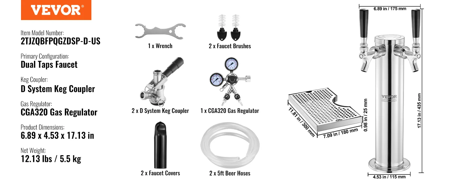 Kit de torre kegerator VEVOR con grifos dobles, acoplador de barril de sistema D, regulador de gas cga320 y accesorios.