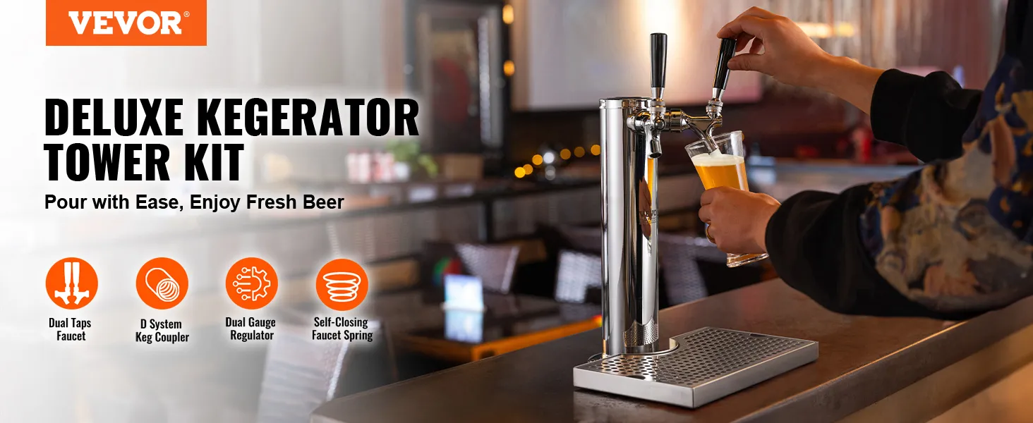 Kit de torre kegerator VEVOR con grifo de doble grifo, acoplador de barril de sistema D y regulador de doble calibre.