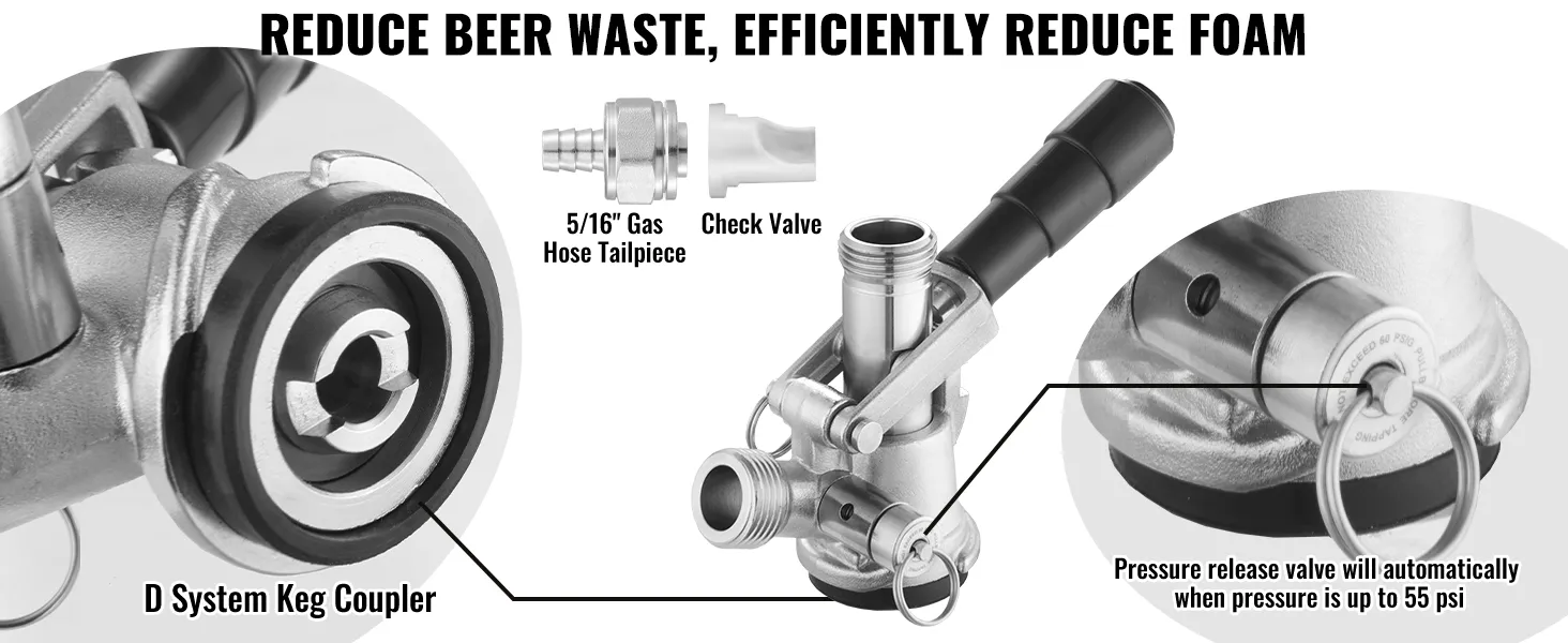 Componentes del kit de torre de barril VEVOR: acoplador de barril del sistema D, cola de manguera de gas de 5/16" y válvula de retención.