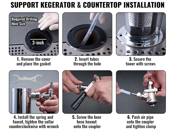 Instalación de un kit de torre de barril VEVOR: retire la cubierta, inserte los tubos, asegure la torre, instale el grifo, atornille la manguera, coloque la abrazadera.