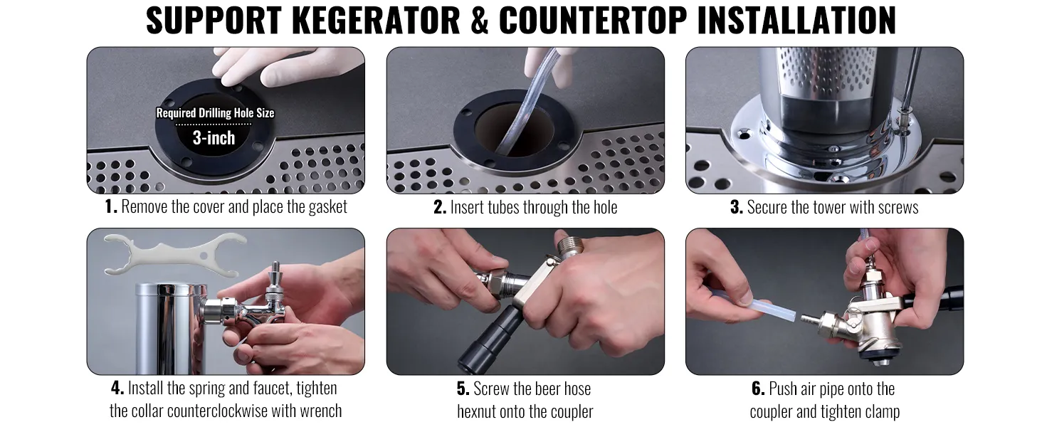 Instalación de un kit de torre de barril VEVOR: retire la cubierta, inserte los tubos, asegure la torre, instale el grifo, atornille la manguera, coloque la abrazadera.