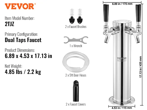 VEVOR dual taps draft beer tower with dimensions, weight, included brushes, hoses, wrench, and faucet covers.