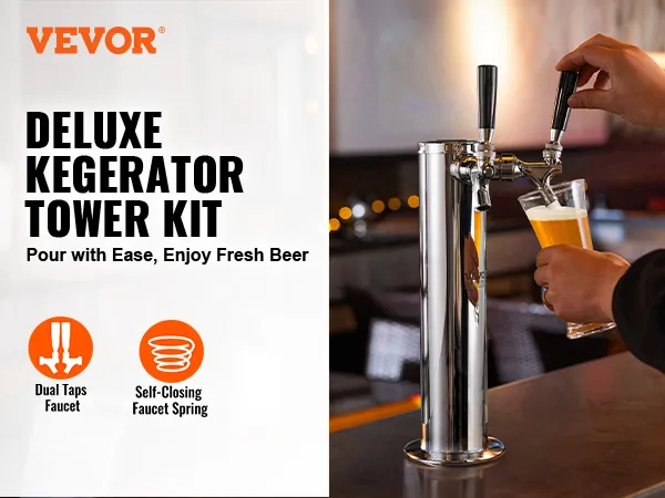 VEVOR dual taps draft beer tower kit in use, pouring fresh beer from a sleek, chrome dispenser.