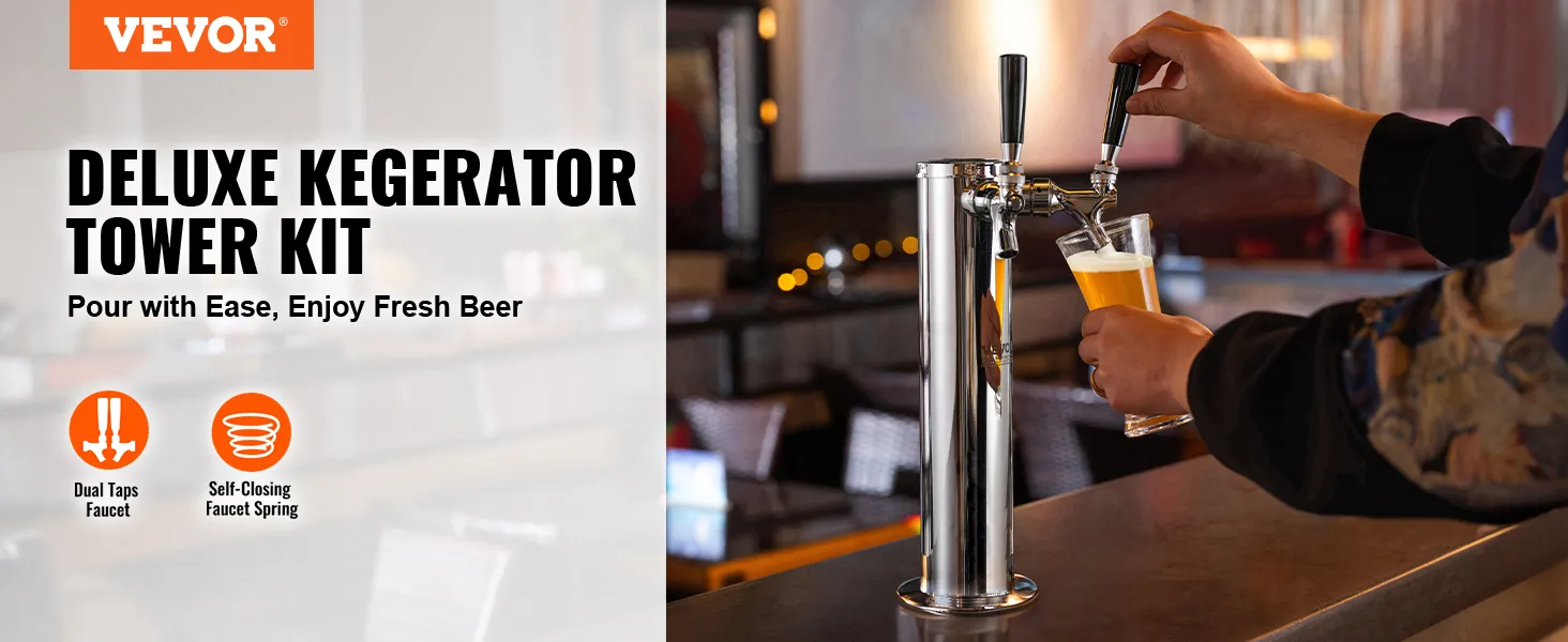 VEVOR dual taps draft beer tower kit in use, pouring fresh beer from a sleek, chrome dispenser.