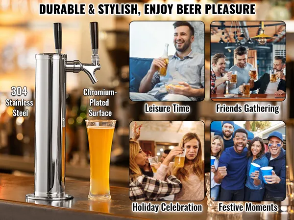 VEVOR dual taps draft beer tower, 304 stainless steel, ideal for leisure, gatherings, and celebrations.