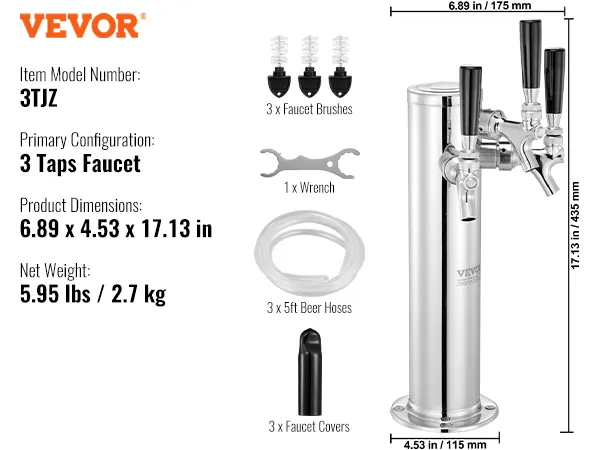 VEVOR beer tower with 3-tap faucet, includes brushes, wrench, hoses, and covers. dimensions: 6.89"x4.53"x17.13".