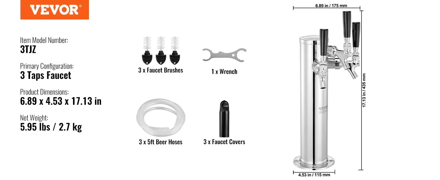 VEVOR beer tower with 3-tap faucet, includes brushes, wrench, hoses, and covers. dimensions: 6.89"x4.53"x17.13".