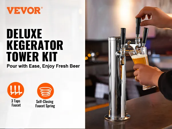 VEVOR beer tower, deluxe kegerator tower kit with 3 taps, ideal for pouring fresh beer effortlessly.