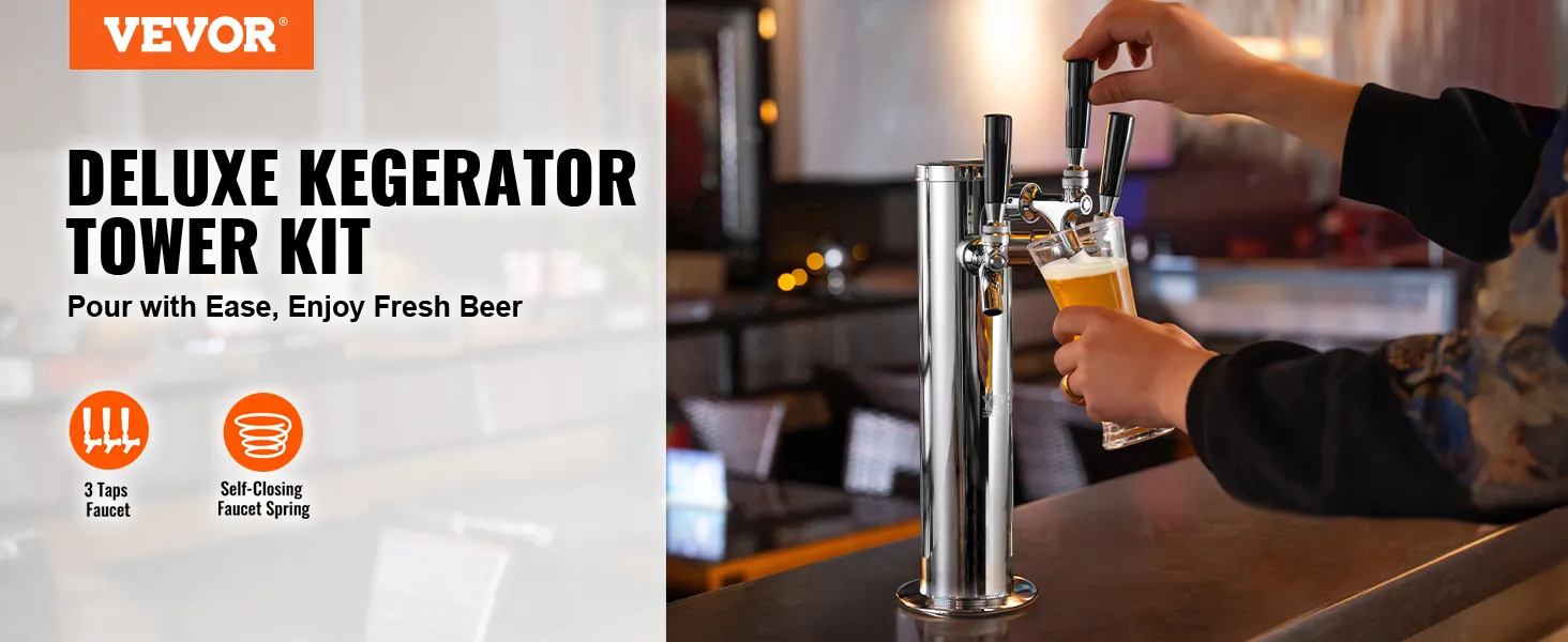 VEVOR beer tower, deluxe kegerator tower kit with 3 taps, ideal for pouring fresh beer effortlessly.